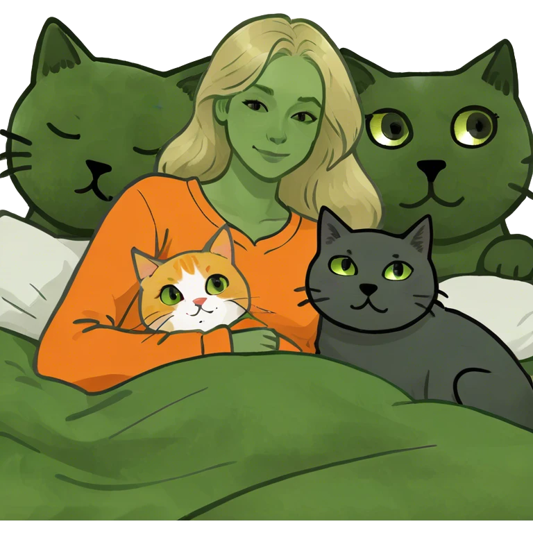 Blonde woman in bed with a golden retriever and a dark gray cat and an orange cat emoji