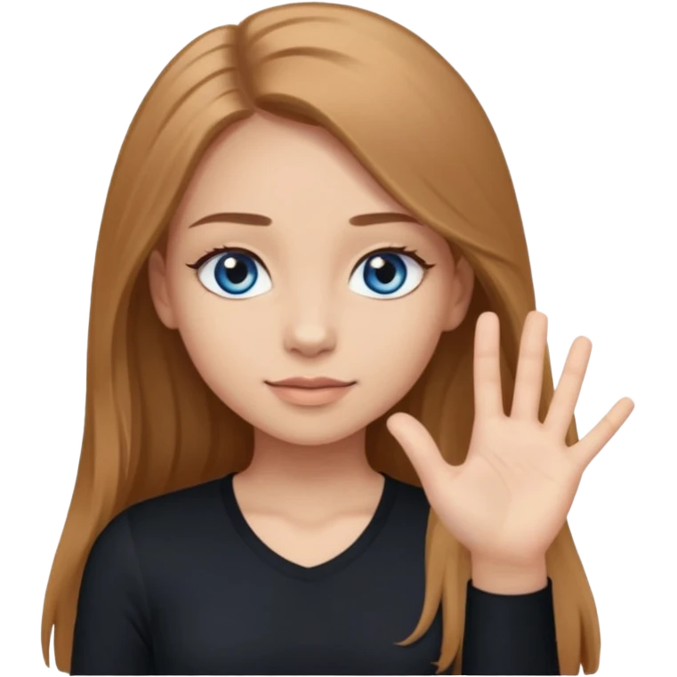 A girl with long eyelashes, long light brown hair, blue eyes, with her palm up. with black undershirt emoji