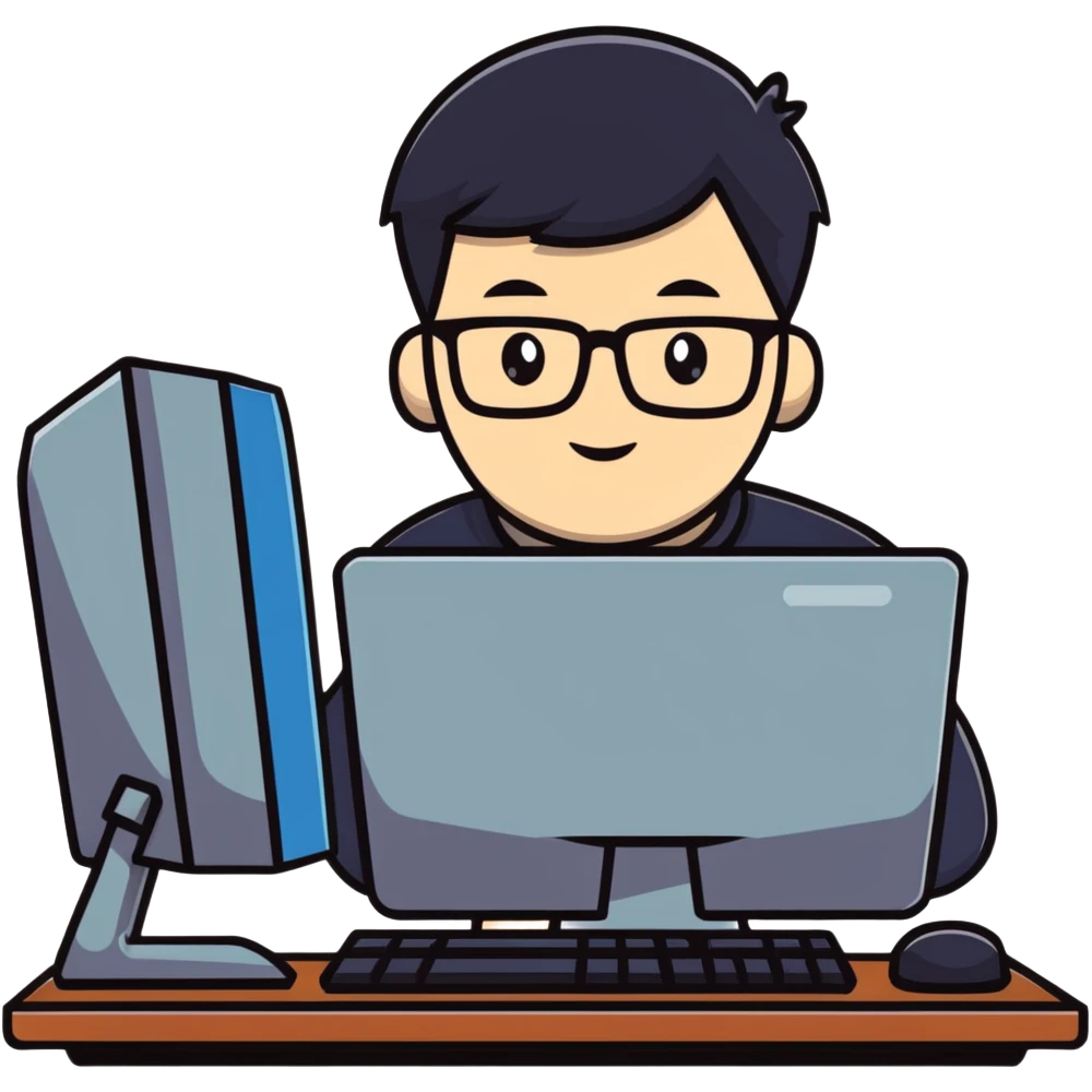Young man with glasses using an outdated desktop computer with bulky monitor emoji