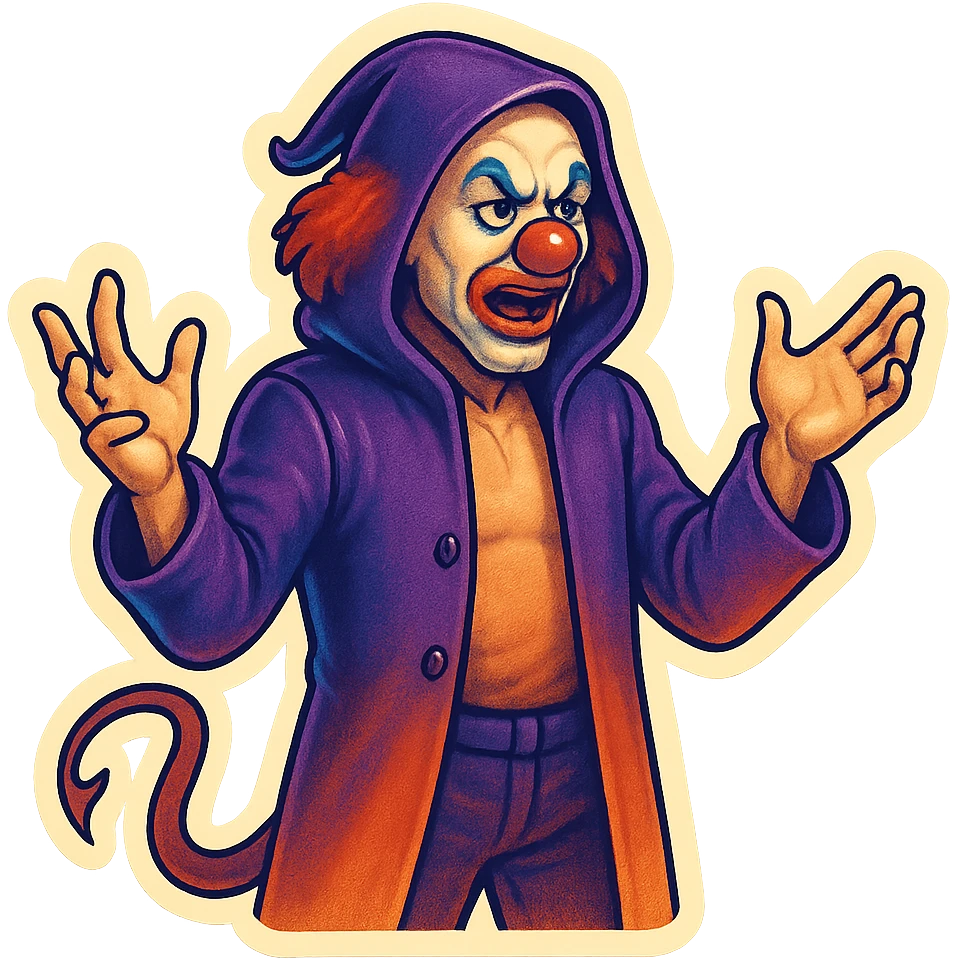 evil clown wizard in a 3/4 length unbuttoned coat with a hood, calm and serious, gesturing with both hands, mouth open as if talking, no pentagram, no robe, no spells, visible tail emoji