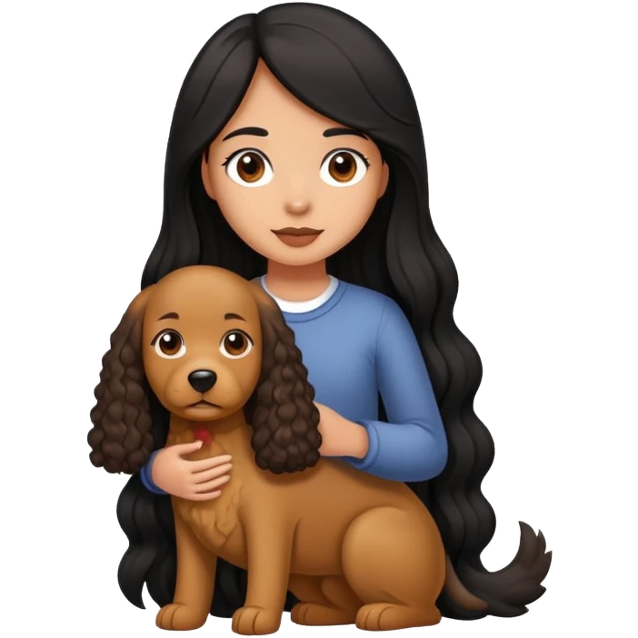 A girl with long straight black hair holding a curly brown giant dog emoji