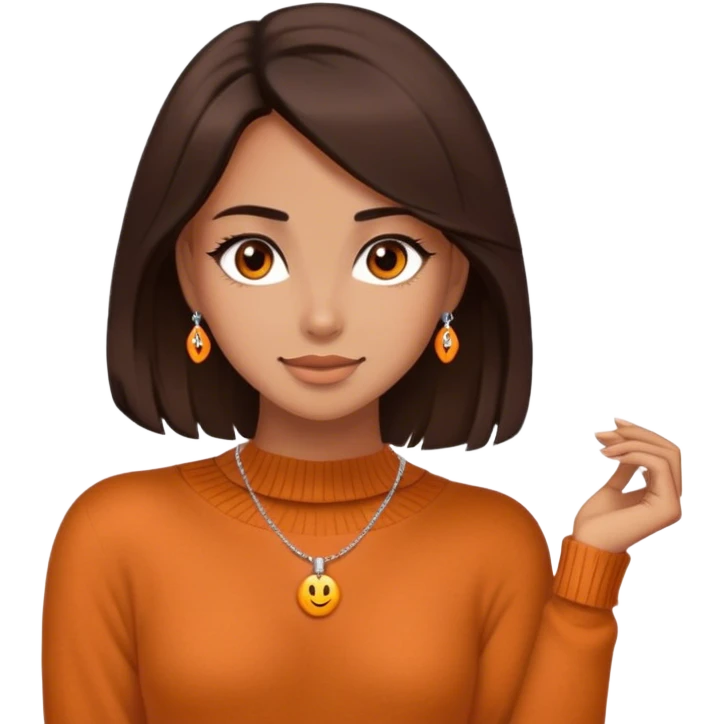 Create a high-quality emoji of a beautiful girl with a warm, medium tan skin tone. She has shoulder-length dark brown hair, a single brown eye, and wears an elegant, delicate necklace. She is dressed in a cozy, orange wool sweater. The style is detailed and expressive, resembling modern emoji designs. emoji