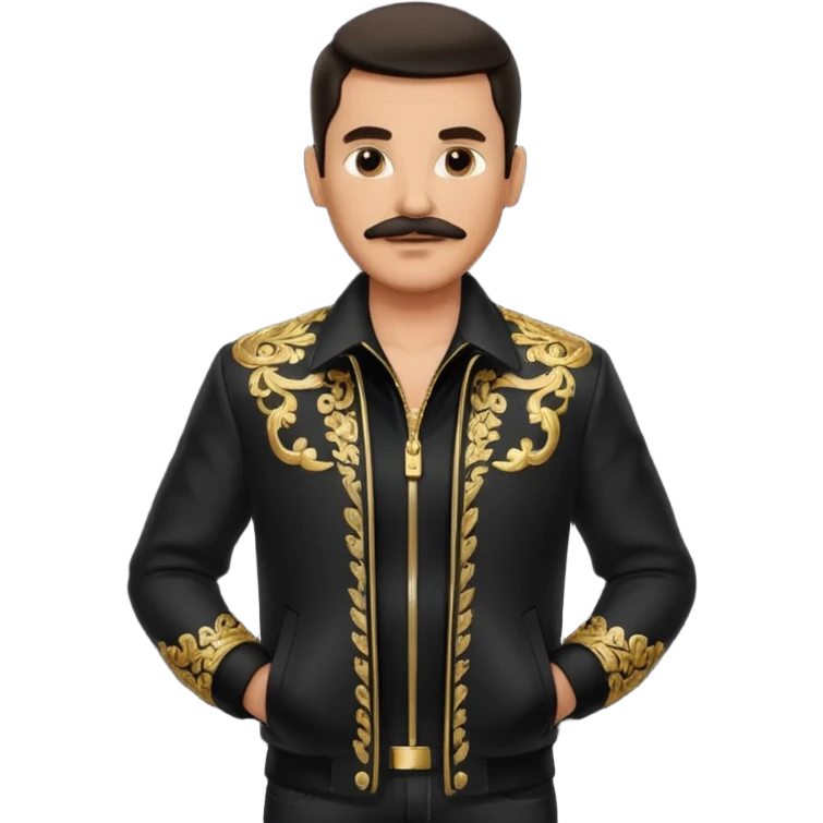 man with dark slicked-back hair, mustache, ornate gold and black jacket, black shirt, hands in pockets, confident pose emoji