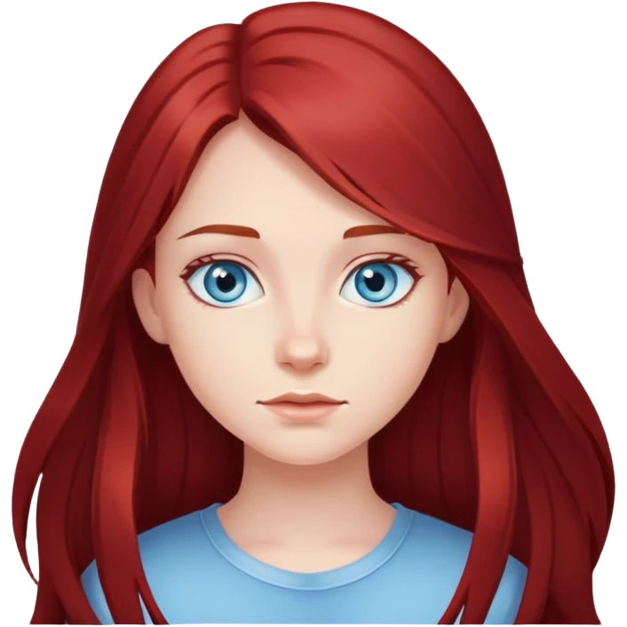 long dark red hair girl with light blue eyes that looks like 20 years old emoji