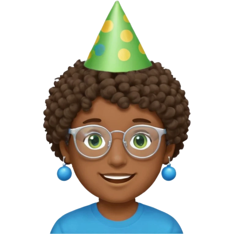 A boy with curly brown hair and green eyes with a happy face, and wear square glasses.He’s also got a full silver birthday party hat on his head with blue pom poms on top of it, and his T-shirt is all black, he wears a little gold circle earrings on his left  emoji