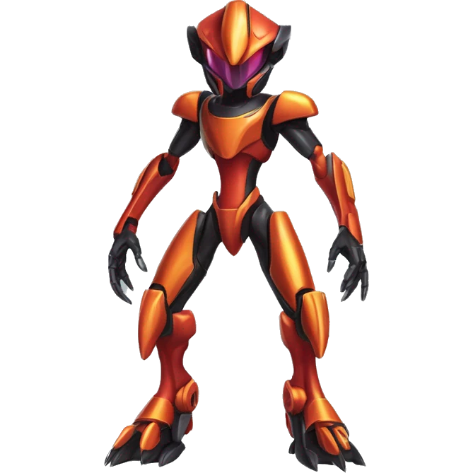 a shiny metallic black-red-orange Genesect-Flygon-Raptor-Fakémon-Medabot-hybrid with a futuristic visor-helmet full body emoji