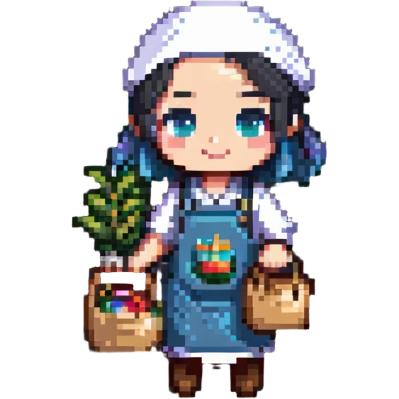 chibi shopkeeper character with items emoji