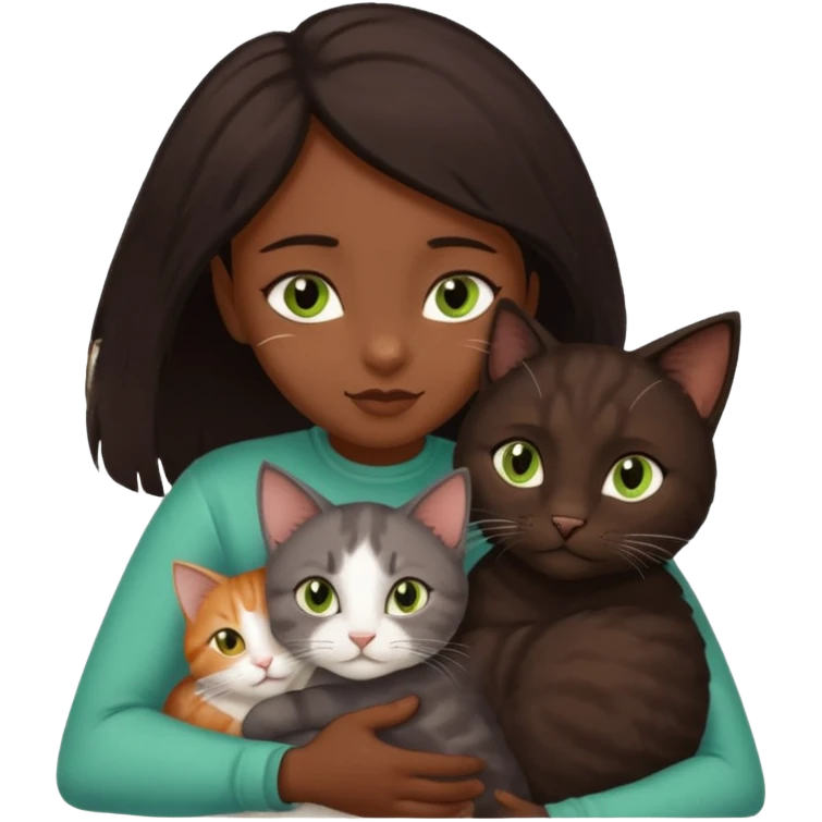 Crea un emoji donde salga un chico moreno con los ojos claros, una chica morena con los ojos marrones y SOLO UN gato europeo comun de pelaje oscuro y ojos verde claro, quiero que se esten abrazando y el gato este en el medio de los dos emoji