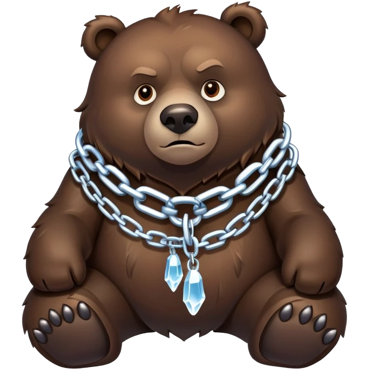Intimidating dark brown bear on four legs with heavy ice chain around neck, frozen chain links with icicles, serious expression emoji