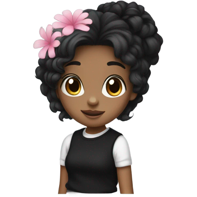 A girl and she is wearing a black sweater with a white tank top and has black hair blue eyes and has a pink flower on her head emoji
