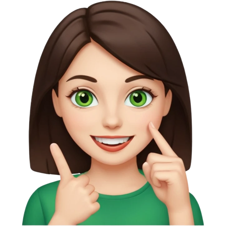 femme brune avec des yeux vert qui rougit en souriant avec un doigt entre les dents  emoji