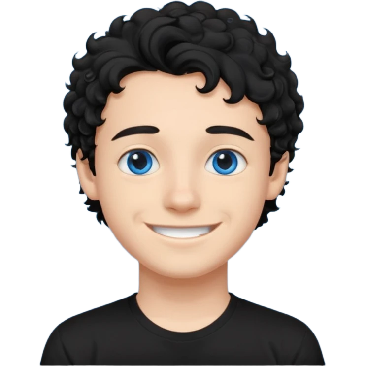 boy, young face like 20 years, blue eyes, medium curly hair black, easy smile, black t-shirt emoji