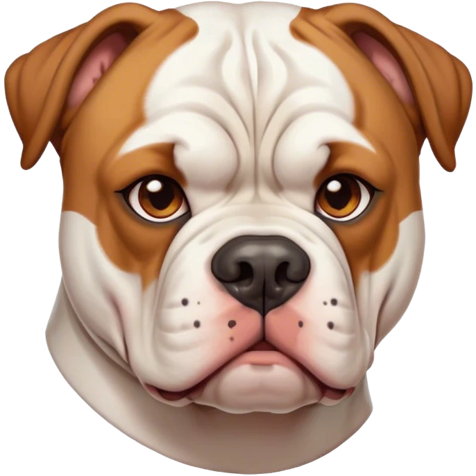 Cinematic Noble White and Brown American Bulldog Portrait Emoji, Poised and regal, with a strong, muscular build and a short, well-groomed white coat accented by warm brown patches, deep-set soulful brown eyes, Simplified yet sharp and sophisticated features, highly detailed, glowing with a soft, dignified glow, high shine, intelligent and loyal, stylized with an air of strength, focused and attentive, soft glowing outline, capturing the essence of a watchful and confident guardian, so majestic it feels as though it could step out of the screen with effortless authority! emoji