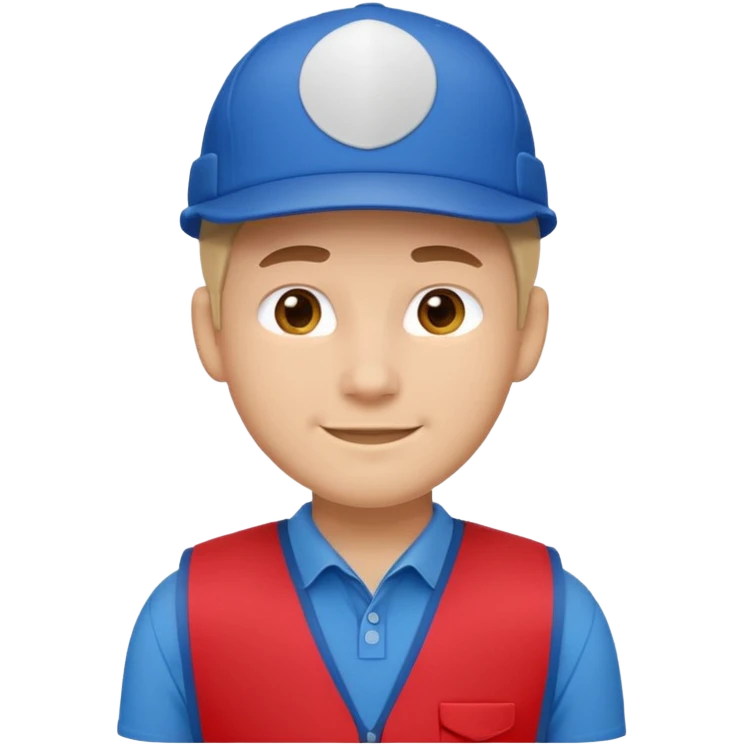Apple emoji-inspired character, Lowe’s associate, front view, red vest, blue shirt, blue cap, soft smile, rounded features, minimalist, sticker outline, no logos, no text emoji