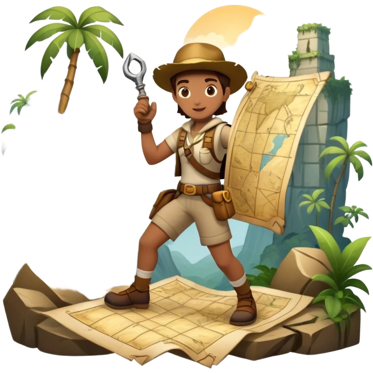 An icon featuring an adventurer in a dynamic action pose with treasure map, ancient ruins and jungle landscapes in the background. The design includes clues, hidden passages and climbing gear, symbolizing the thrill of exploration and discovery. Transparent background. emoji