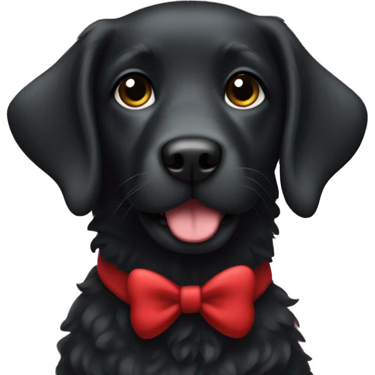 Black labrador with a long curly fur in a red sweater and bow emoji
