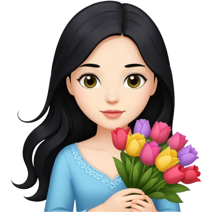 Beautiful girl with long black hair holding a bouquet of flowers emoji