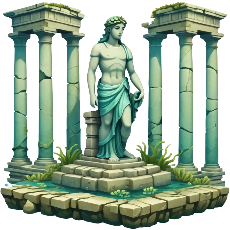 Simple Atlantis underwater ruins with a large sunken statue, fallen columns, broken domes, ancient Greek-style statue partially broken emoji