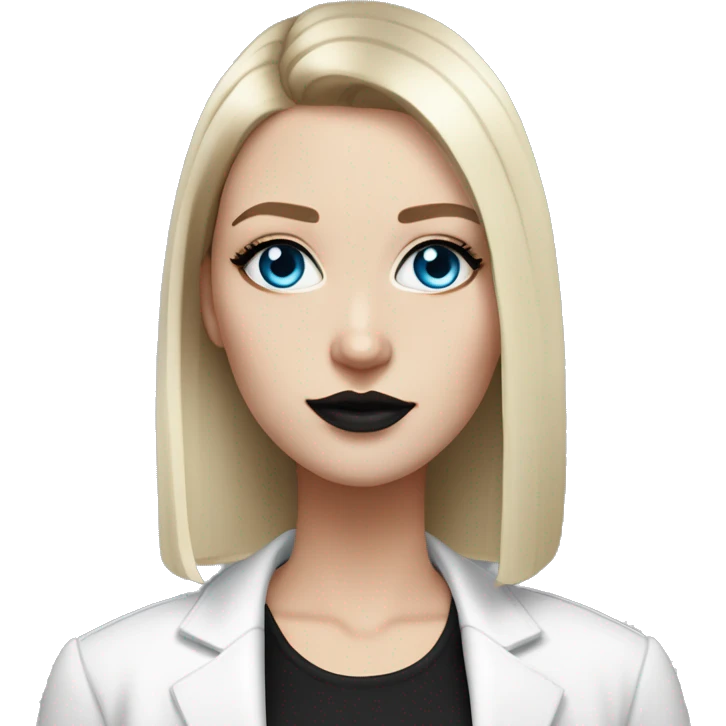 Slavic adult woman, goth eyes makeup, pink lips, blue eyes, medium bob black-to-blonde ombre straight hair, white T-shirt and black office jacket. emoji