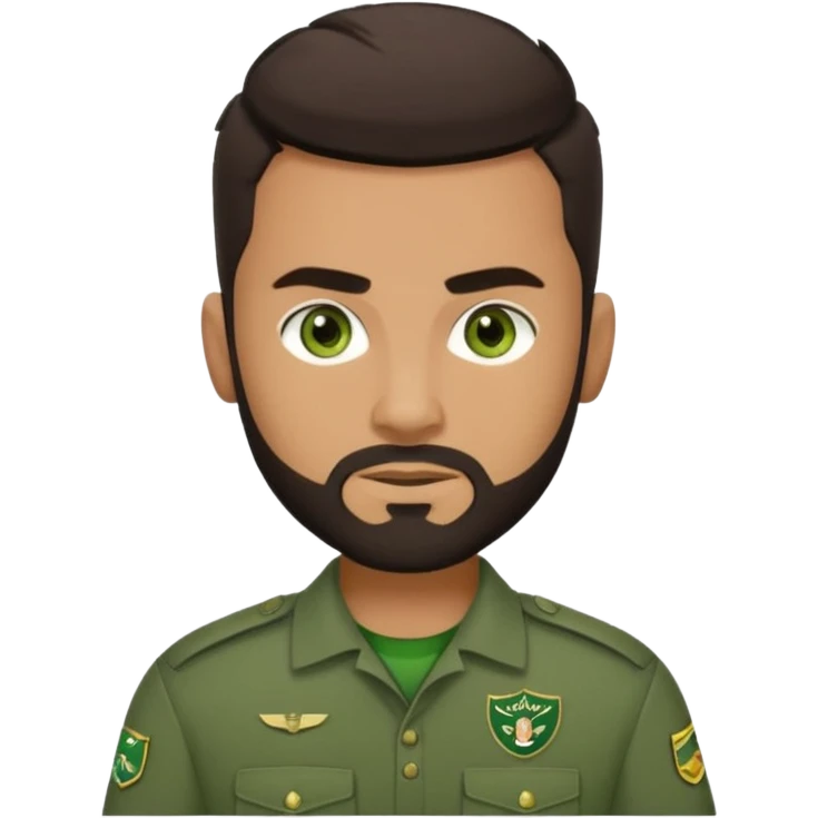 A strong young man, with a dark brown short goatie beard, thick eyebrows, green eyes, faded styled dark brown hair, and a green Uniform that says on the left chest "CC Team Seba" emoji