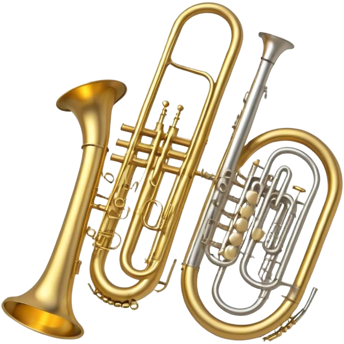 Create a simple and symbolic emoji collage representing wind instruments. Include a variety of iconic elements like the bell of a trumpet, the mouthpiece of a saxophone, and a subtle outline of a trombone. Arrange the elements in a dynamic and balanced way. Use warm metallic tones like gold, brass, and silver for the instruments, with a clean and minimalist design. The background should be transparent, focusing on the shapes and silhouettes of the instruments to convey their essence without excessive detail. emoji