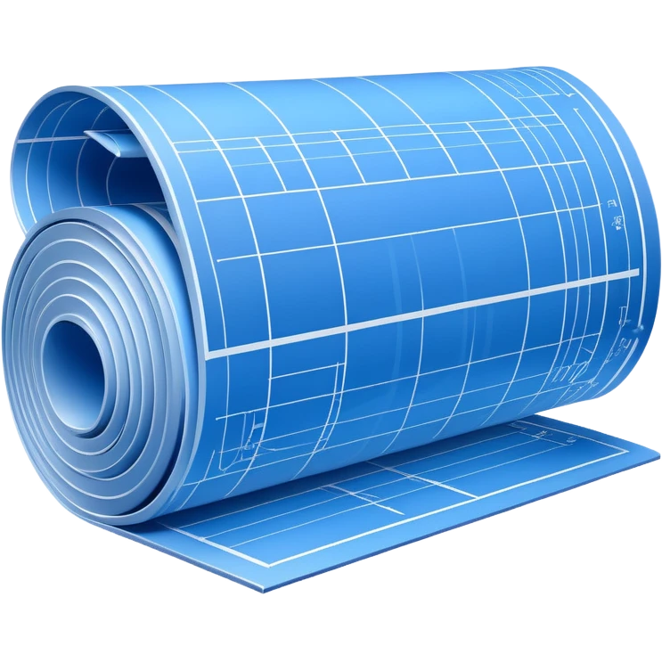 blue rolled-up blueprint plan with visible white lines, side perspective emoji