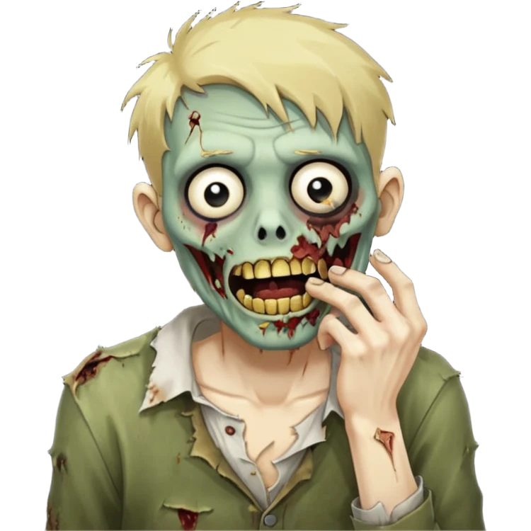 faça um homem zumbi, de cabelo baixo mostrando o dente de ouro, com a mão na boca emoji