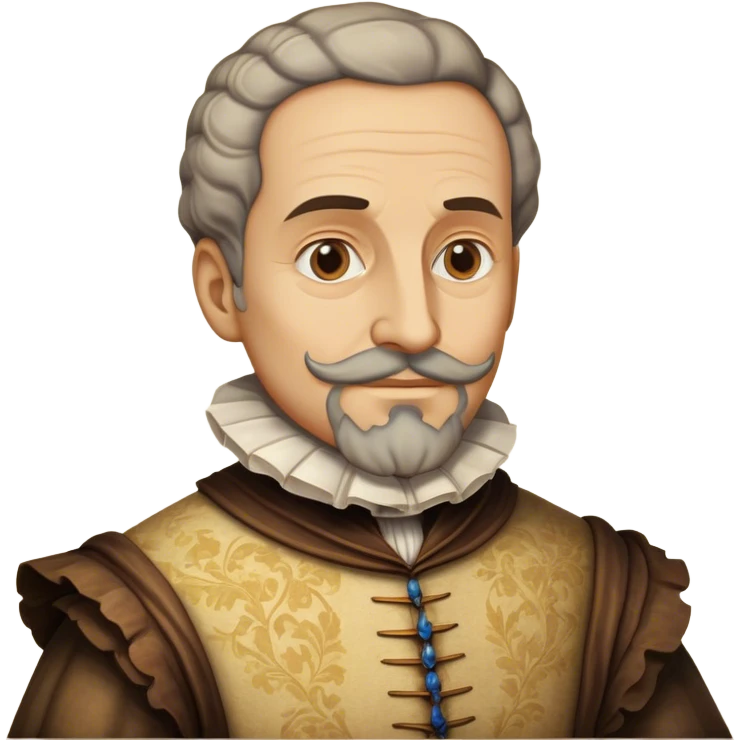 Cinematic Realistic Miguel de Cervantes Portrait Emoji, depicted as a wise thoughtful literary figure in period attire with a reflective gaze, rendered with detailed textures and soft historical lighting that captures his enduring literary legacy. emoji