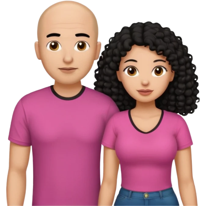 A picture if a couple. the man is a Mexican man with  black hair, a bald hair cut and with a black t-shirt on. the woman is mixed with black and white, with brown curly long hair and a pink shirt on and big boobs emoji