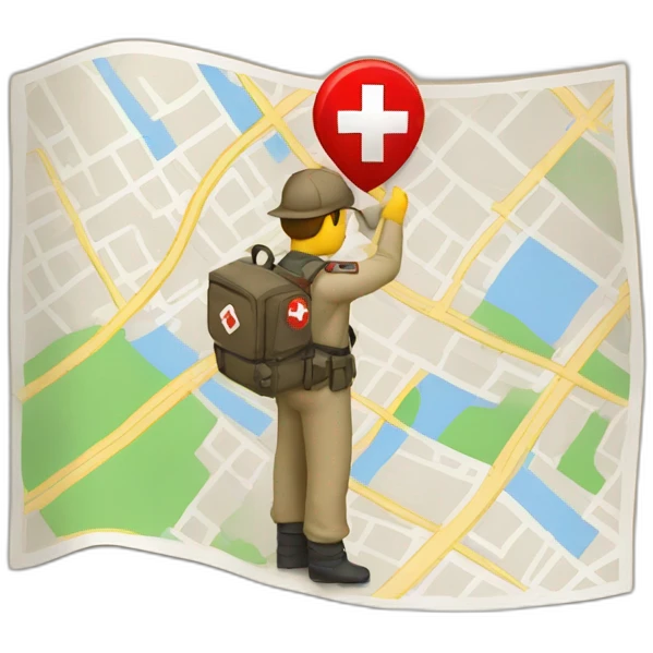 person scouting with a map in hand, the map must have a red cross marked on it. emoji