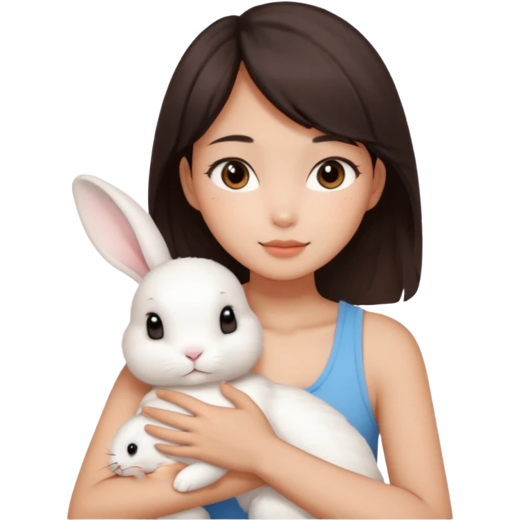 A young Asian woman with dark brown, almost Asian girl with dark brown hair, brown eyes, light Asian skin, add soft makeup and dress in tank top and hugging a one white rabbit with light brown spots, soft and warm atmosphere.
  emoji