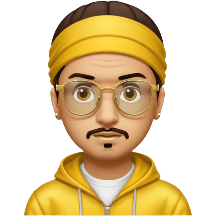 Ali G from Ali G Indahouse with brown eyes, dark brown hair, gold outfit, yellow glasses emoji
