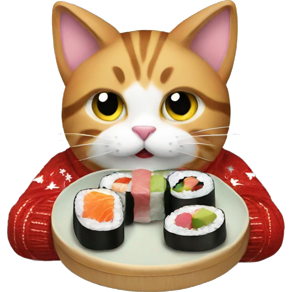 A cat wearing a Christmas sweater eating sushi  emoji