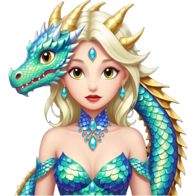 Am amazing blend of a half dragon woman with glittering jeweled scales covering her body. She has large almond shaped eyes, lush lips, and she wears a stunning luminescent gown. emoji