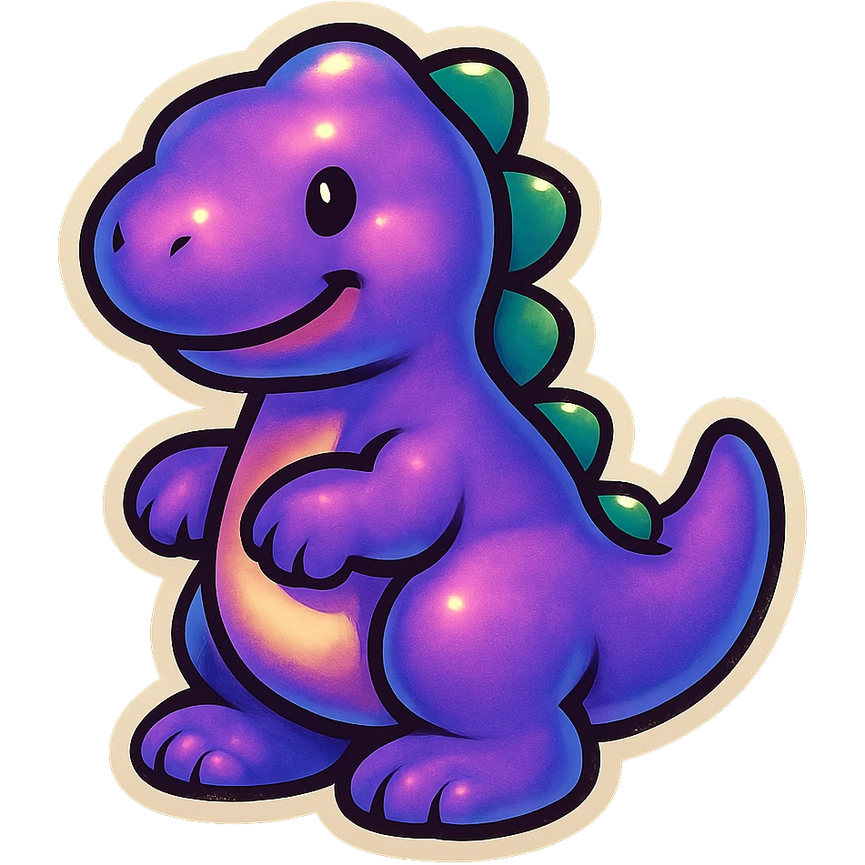 purple dinosaur, cute and friendly, bold outlines, vintage sticker style emoji