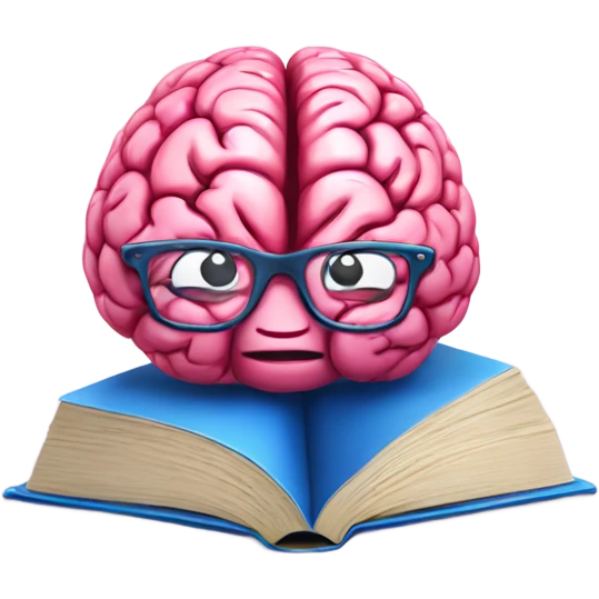 Pink brain with red glasses reading a blue book emoji