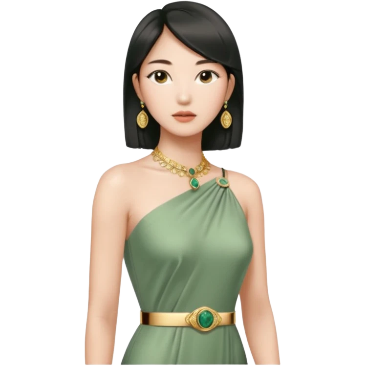 Aesthetic rich Asian woman in sage green Versace dress and Cartier jewelleries, side view emoji