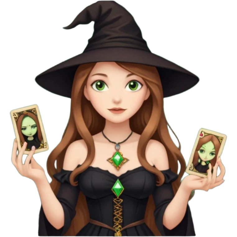  witch girl with long light brown hair and green eyes and Tarot cards without hat and in sexy dress  emoji