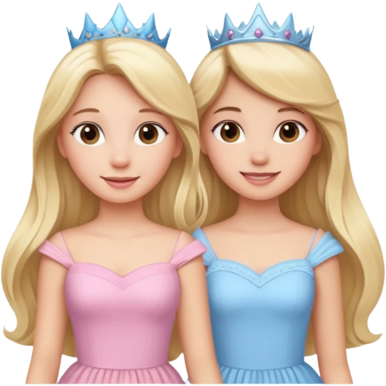 happy princesses blonde girl in light blue dress and long hair brunette girl in light pink dress emoji