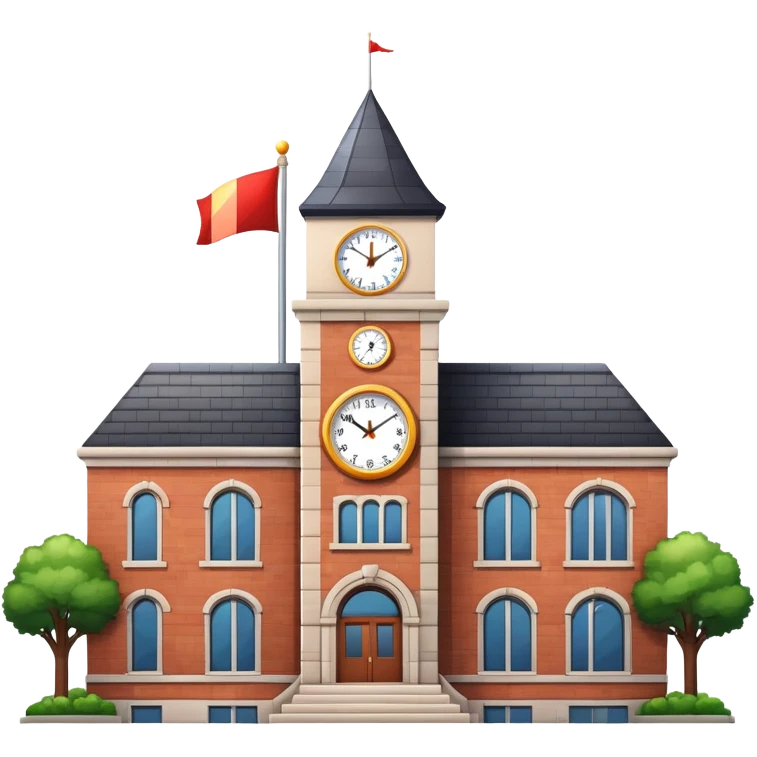 school building with a clock tower and flag on top emoji