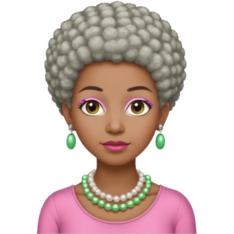 Brown woman with very short gray Afro  wearing pink and green outfit and pearl necklace  emoji