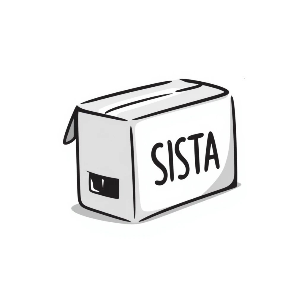 cardboard box with the word SISTA printed on it, clear and legible, hand-drawn doodle style emoji
