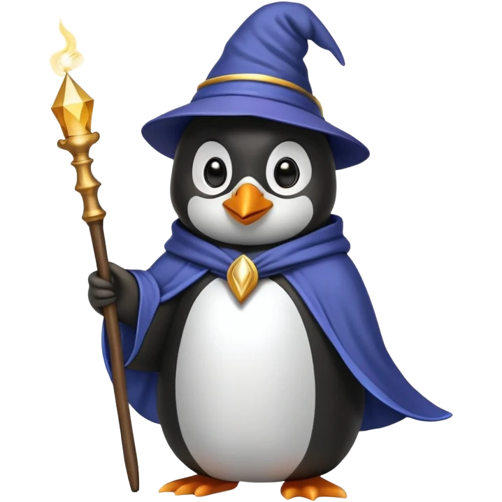Penguin wearing wizard hat and robe holding a magic wand emoji