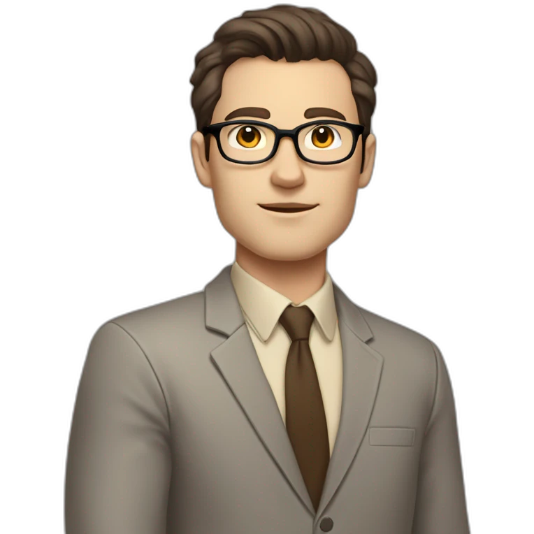 Full height Pale skinned fit man with dark brown hair in gray jacket, beige office shirt, brown tie, brown pants and vintage glasses. His right hand stretched out emoji