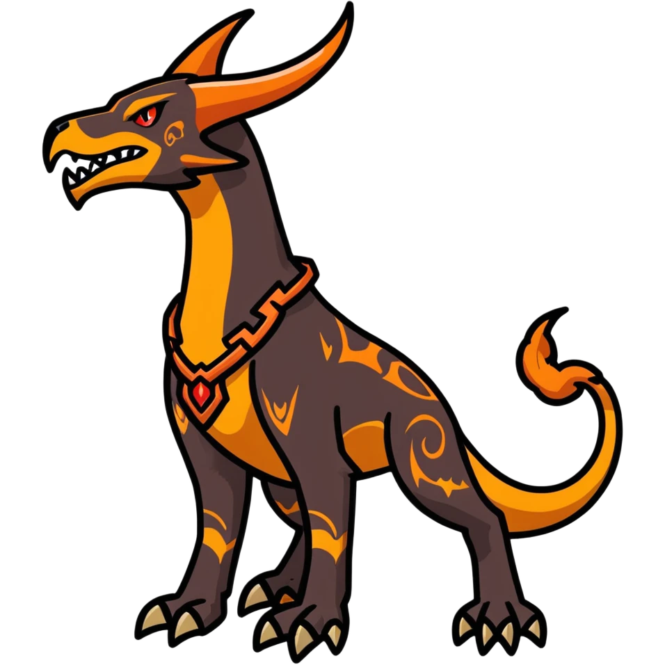 Copper-Bronze Molten-Lava Glow-Cracked Fiery-Runed Draconic Houndoom-Garchomp-hybrid-creature (full body) emoji