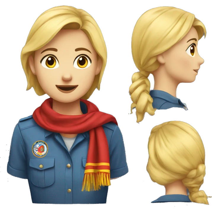 A scout girl with blond hair with a knotted red and yellow scarf and blue scout shirt emoji