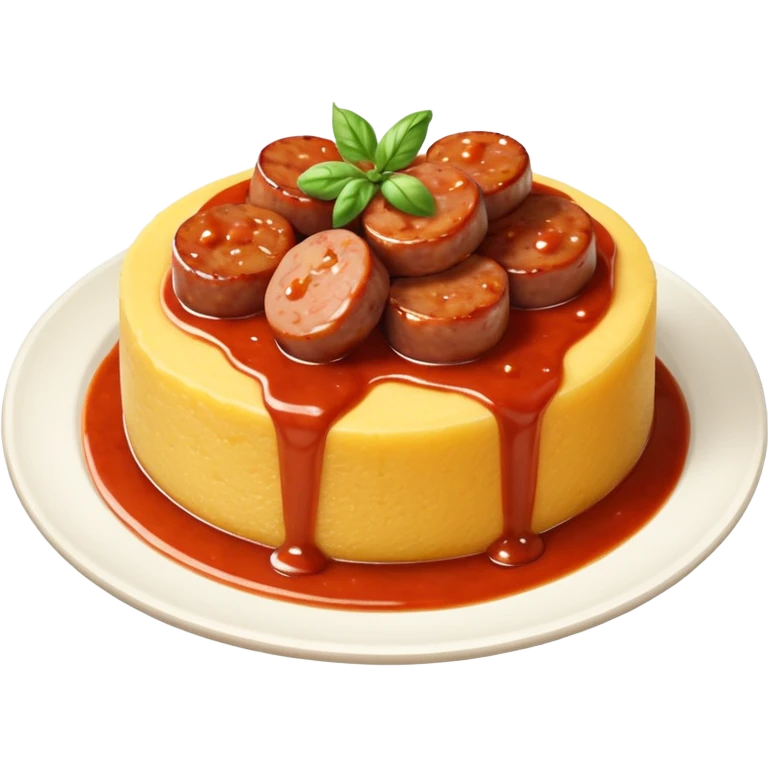 Fai l’emoji di una polenta che è quasi del tutto ricoperta di sugo, con la salsiccia sopra sempre bella insugata emoji