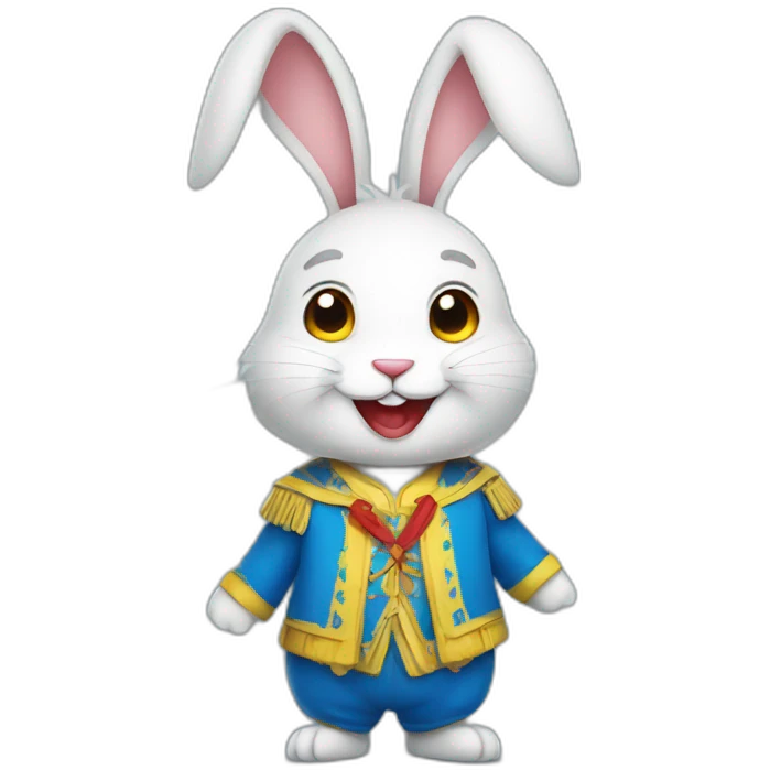 smiling rabbit dressed in a costume with colors inspired by the Ukrainian flag emoji