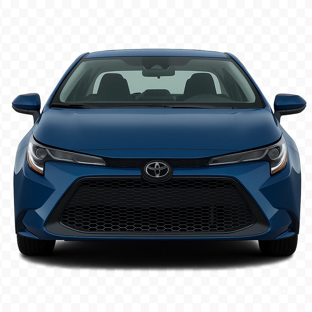 Show the blue sedan from the front, with a visible face, no background. Remove the background to isolate the subject. emoji