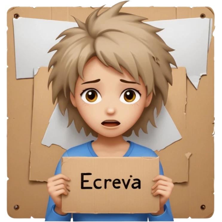 Sad realistic emoji of a young woman with messy hair, holding a cardboard sign that says "ESCREVA-SE", emotional begging expression, cinematic lighting, shallow depth of field, soft blurred background, high detail, viral social media style emoji